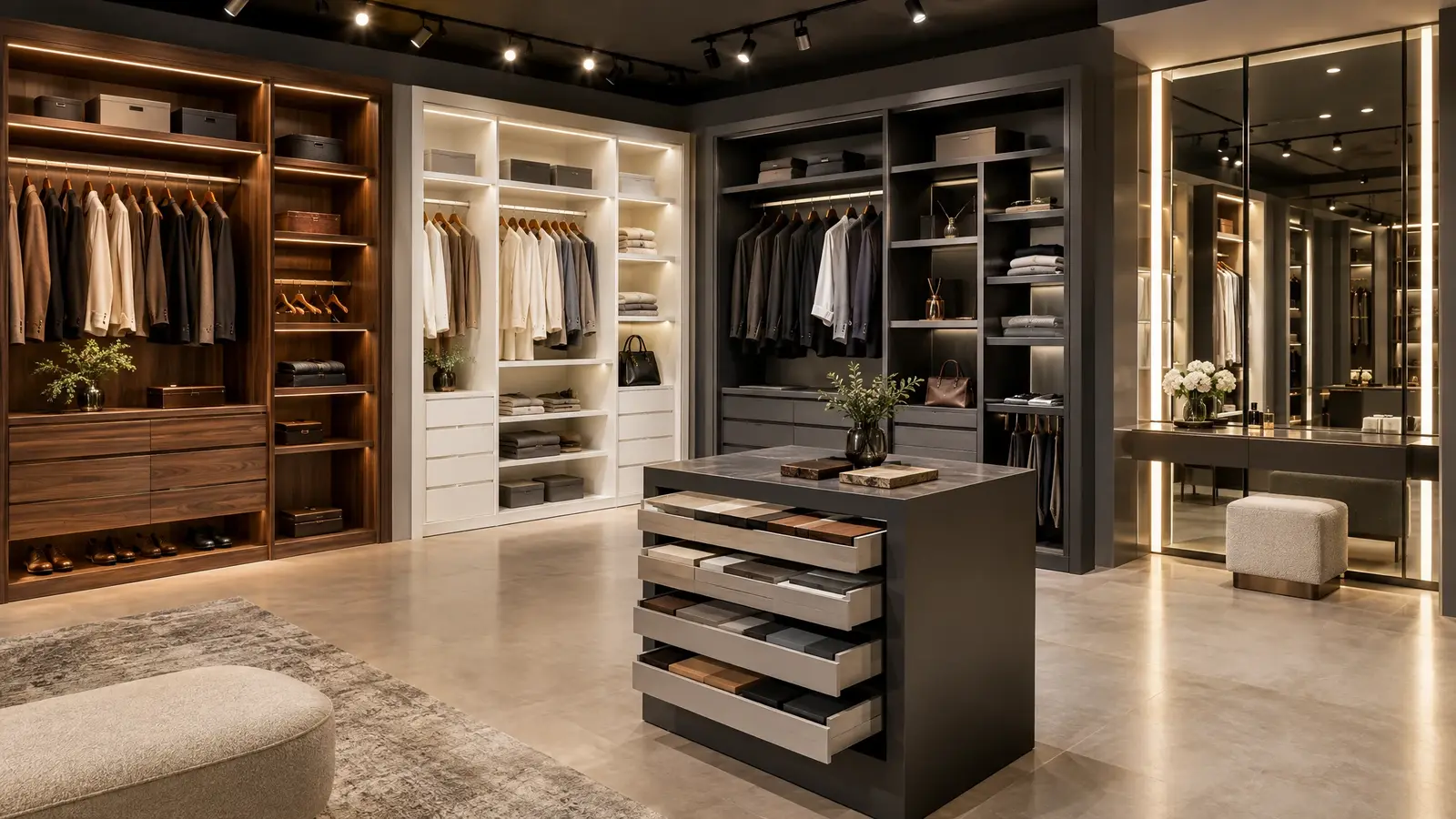 About Music City Closet A bright design showroom with finished closet displays and material samples
