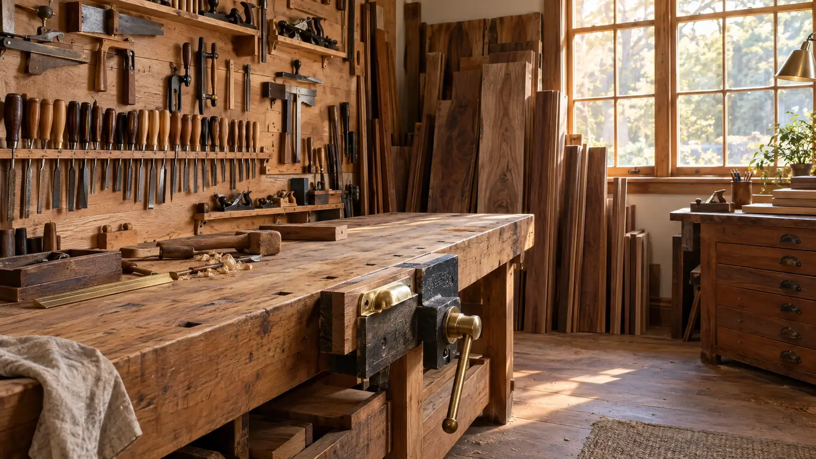 A cabinetmaker's workshop with walnut panels and hand tools