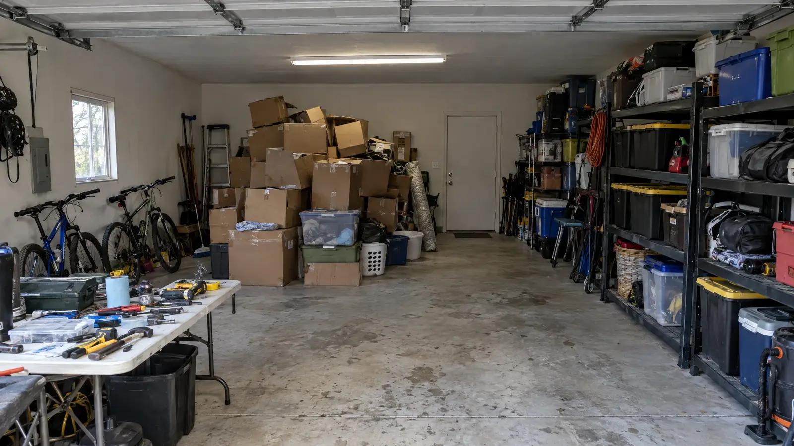 Before: a two-car garage with cluttered floor and open shelves