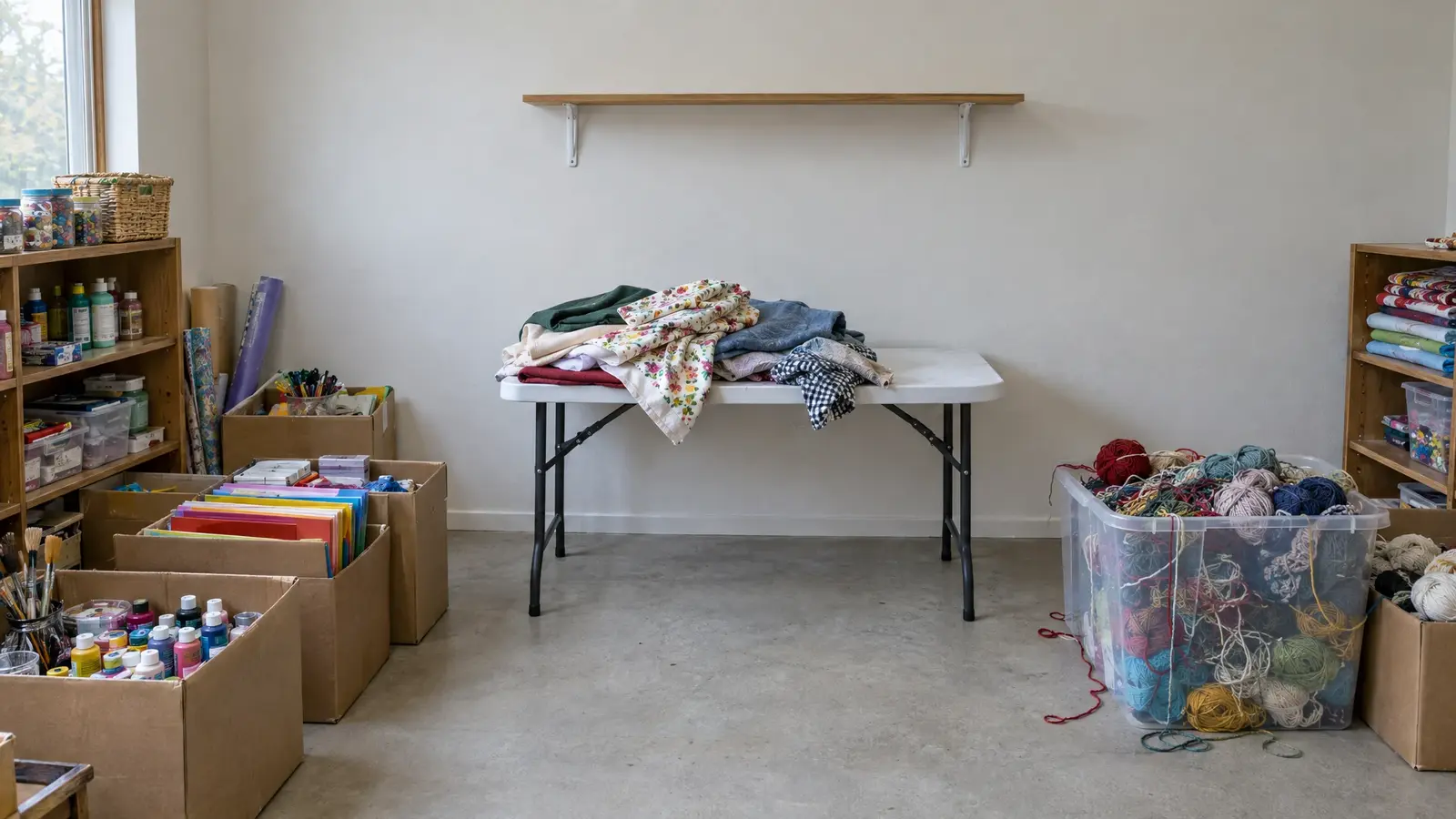 Before: a craft room with crowded tables and boxes