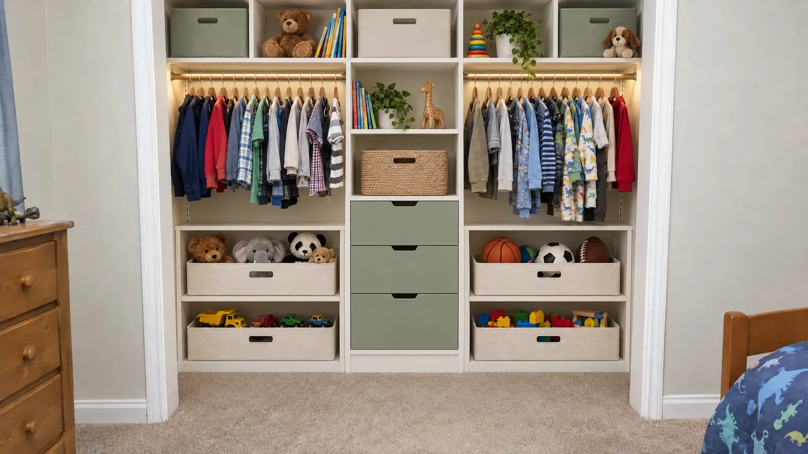 After: Kids' closet | Music City Closet After: a child's closet redesigned with low rods, cubbies and labeled bins
