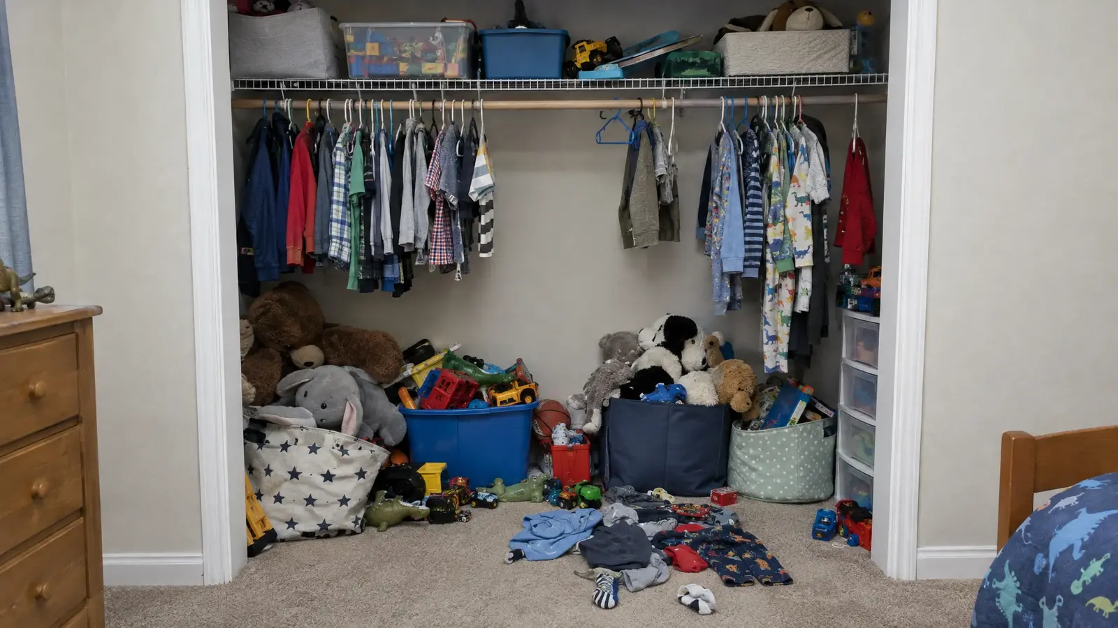 Before: a child's closet with a tangle of clothes and toys