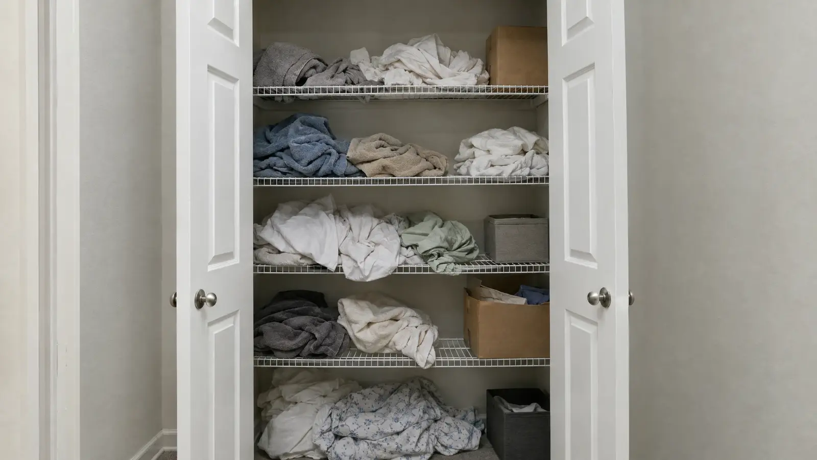 Before: a hallway linen closet with jumbled towels and sheets