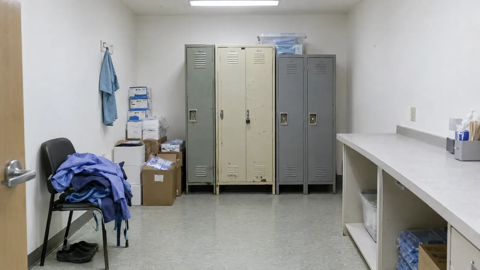 Before: a clinic storage room with cluttered supply shelves