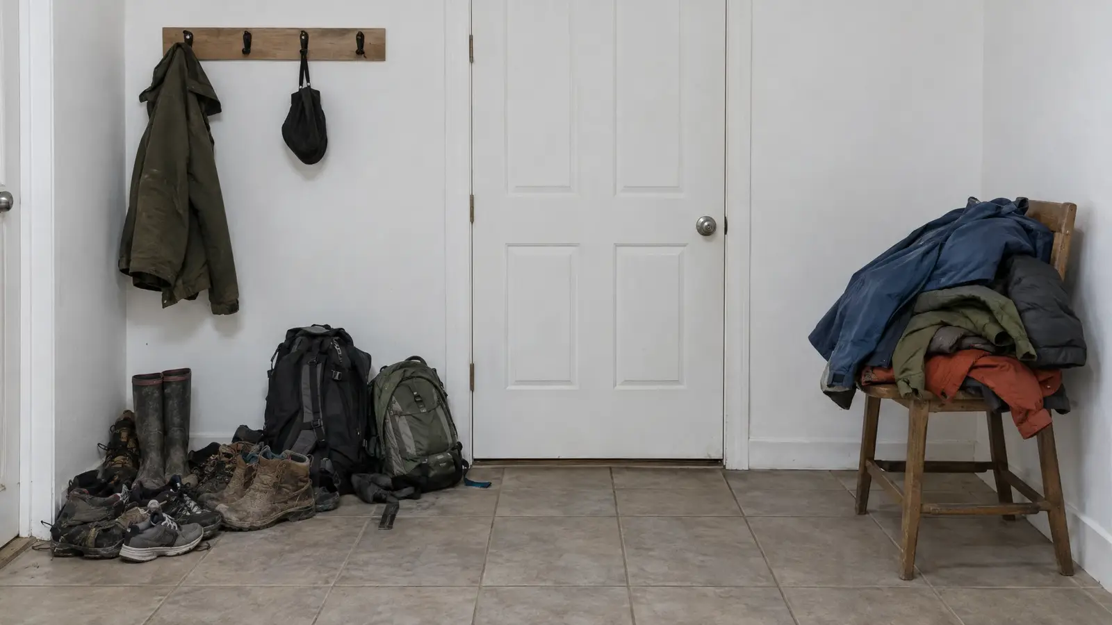 Before: a mudroom entry with a pile of shoes and coats