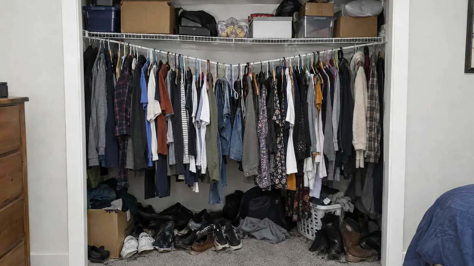 Before: a bedroom reach-in closet with builder-grade wire shelf and single rod