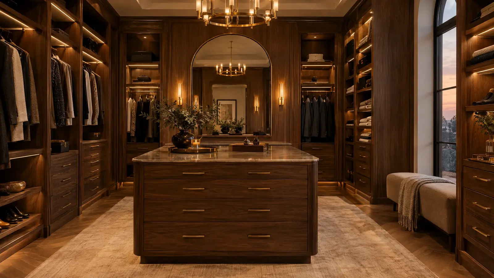 Closet gallery | Music City Closet A walnut walk-in closet with a center island and warm lighting