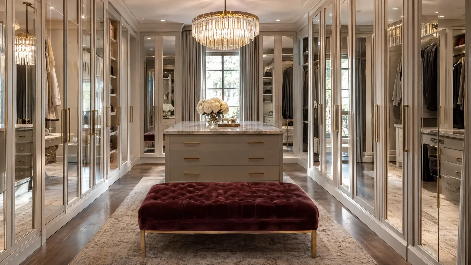 A glass-front dressing room with a red tufted bench A glass-front dressing room with a red tufted bench