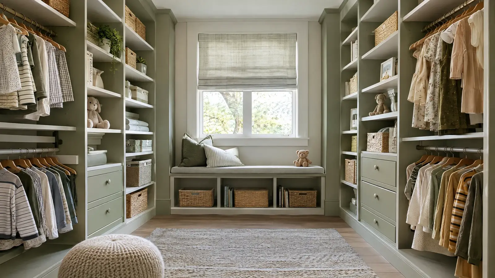 A sage and white closet with a window seat and open shelving A sage and white closet with a window seat and open shelving