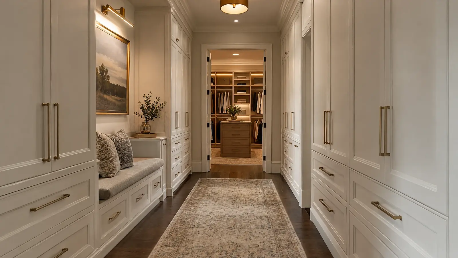A white hallway closet with drawers and a built-in bench A white hallway closet with drawers and a built-in bench