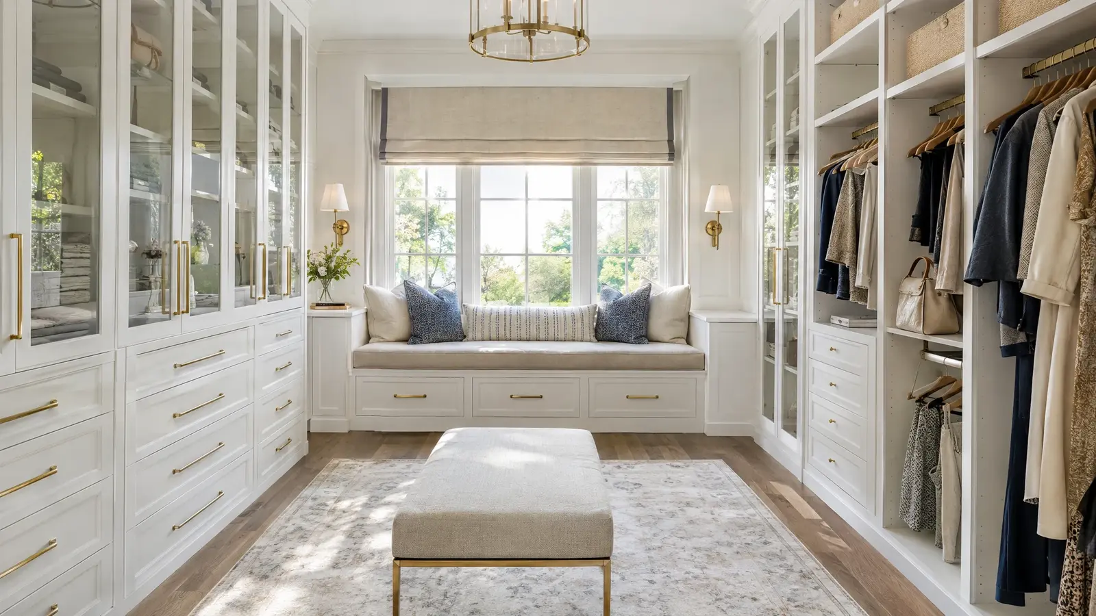 A white window-seat dressing closet with built-in drawers A white window-seat dressing closet with built-in drawers