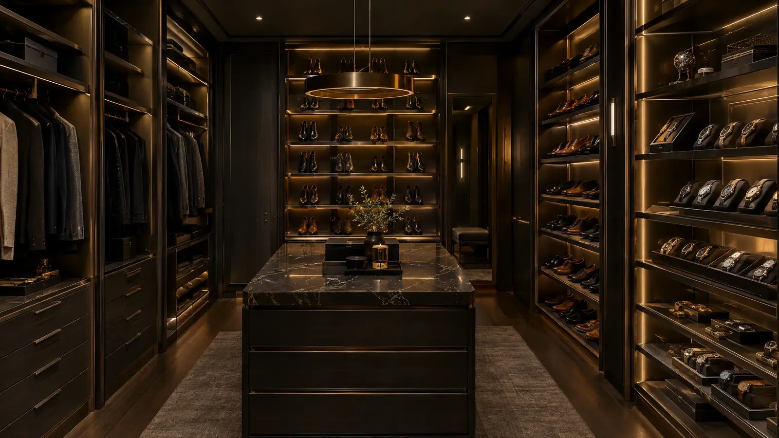 A dark-stained shoe and accessory wall with a center island A dark-stained shoe and accessory wall with a center island