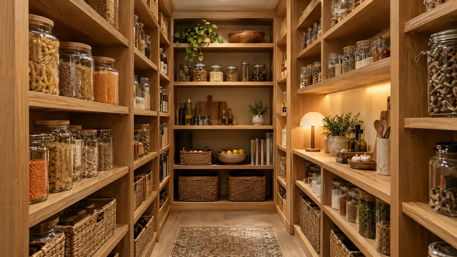 A walk-in pantry with glass jars, baskets and lit shelving A walk-in pantry with glass jars, baskets and lit shelving