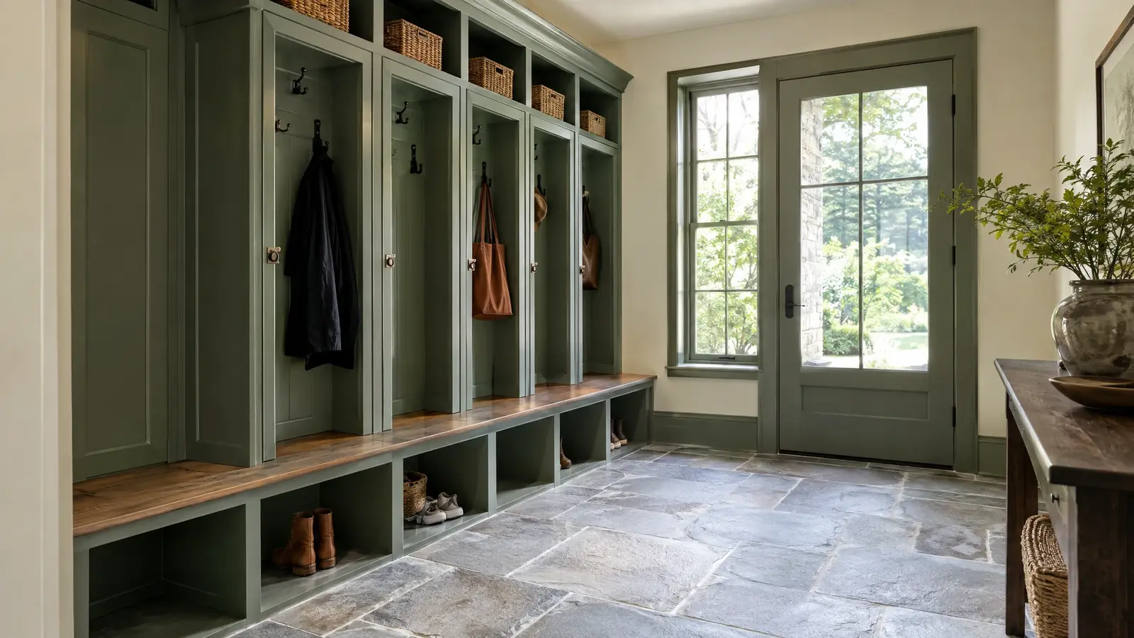 A mudroom with lockers, benches and hooks in sage and oak A mudroom with lockers, benches and hooks in sage and oak