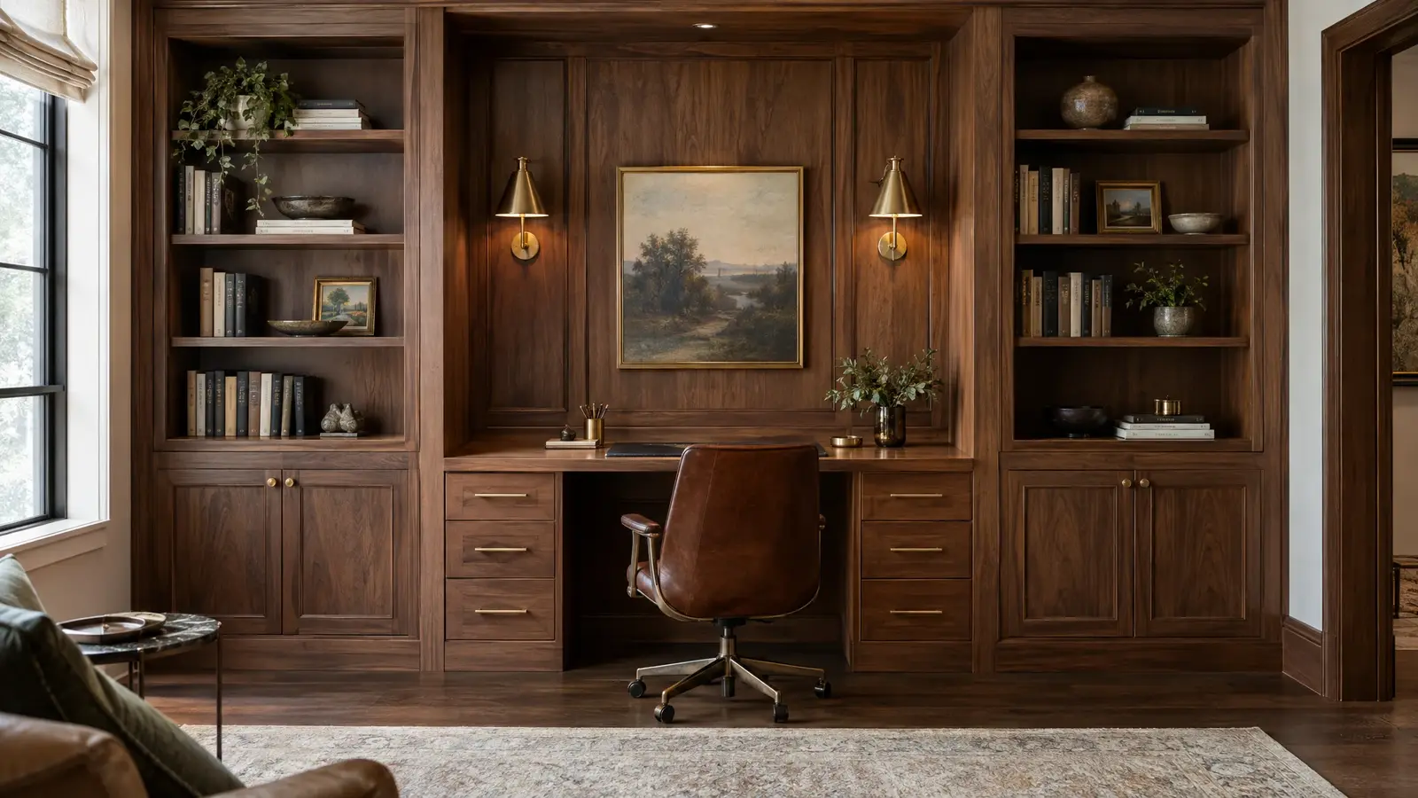 A walnut home office with built-in bookcases and a desk A walnut home office with built-in bookcases and a desk