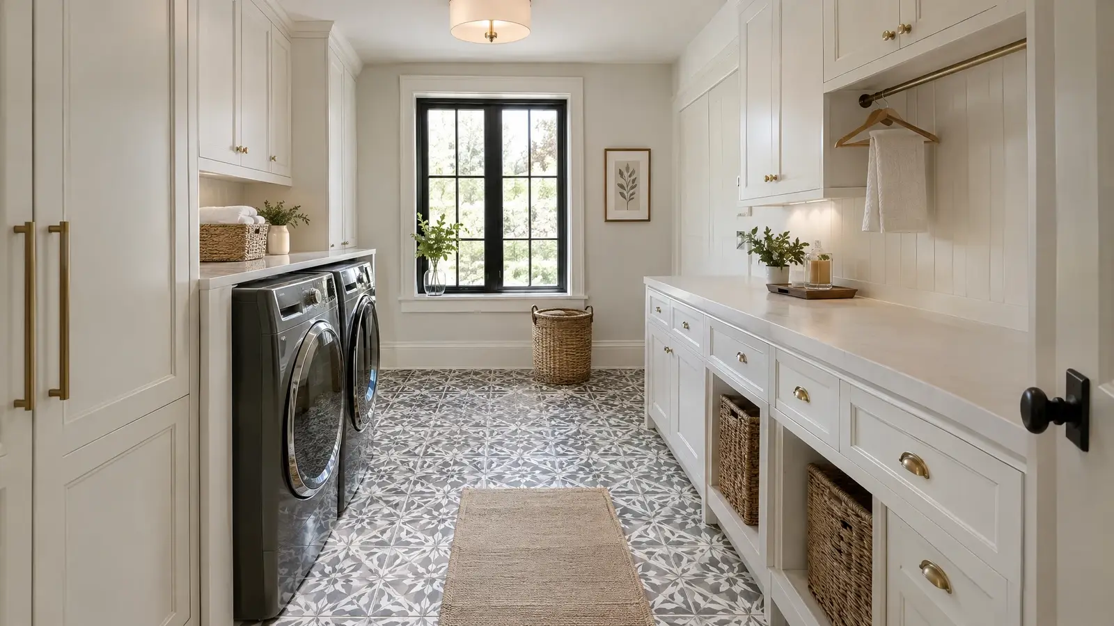 A laundry room with cabinets, a folding counter and patterned floor A laundry room with cabinets, a folding counter and patterned floor