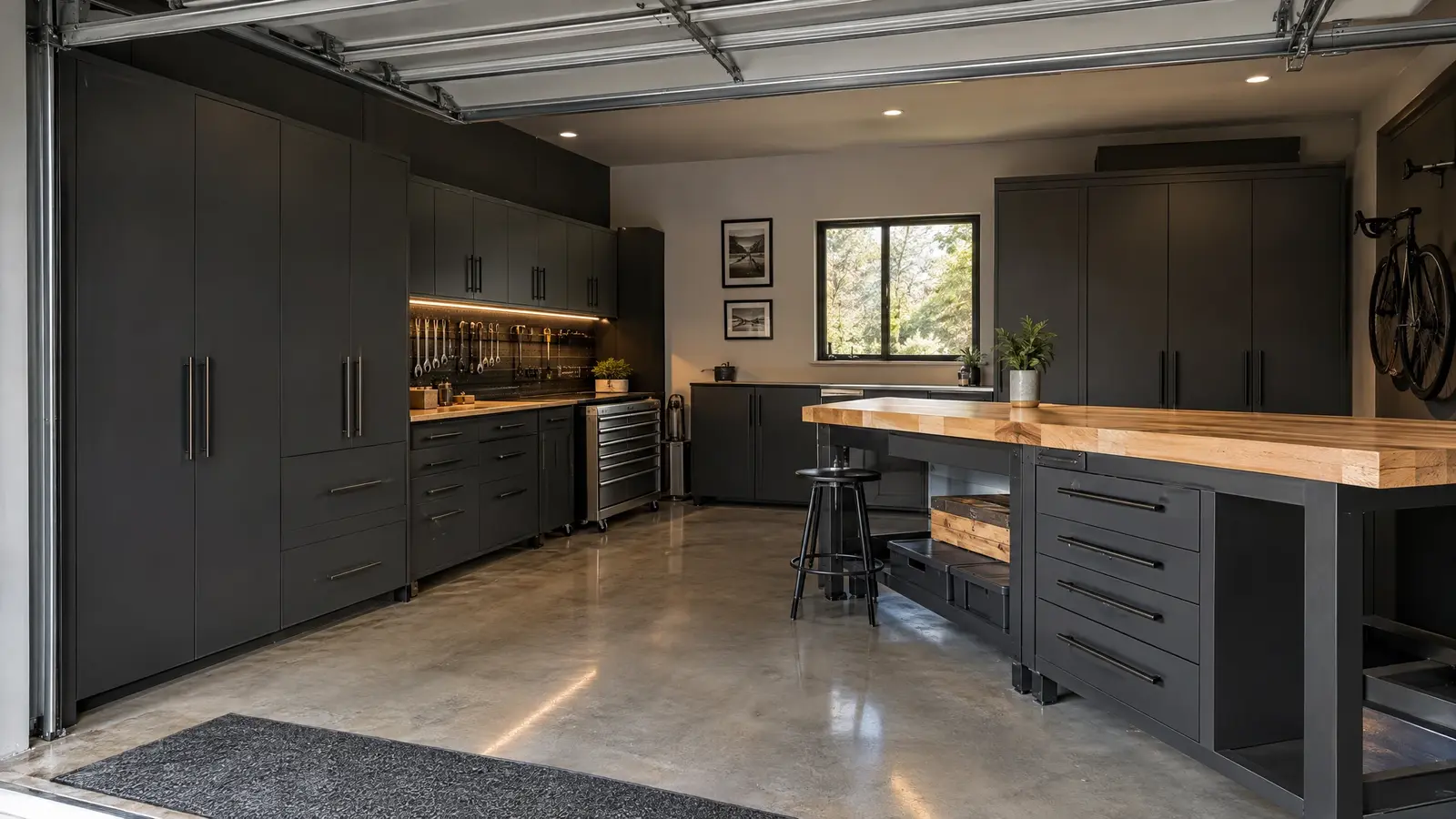 A garage with charcoal cabinetry, a workbench and a polished floor A garage with charcoal cabinetry, a workbench and a polished floor
