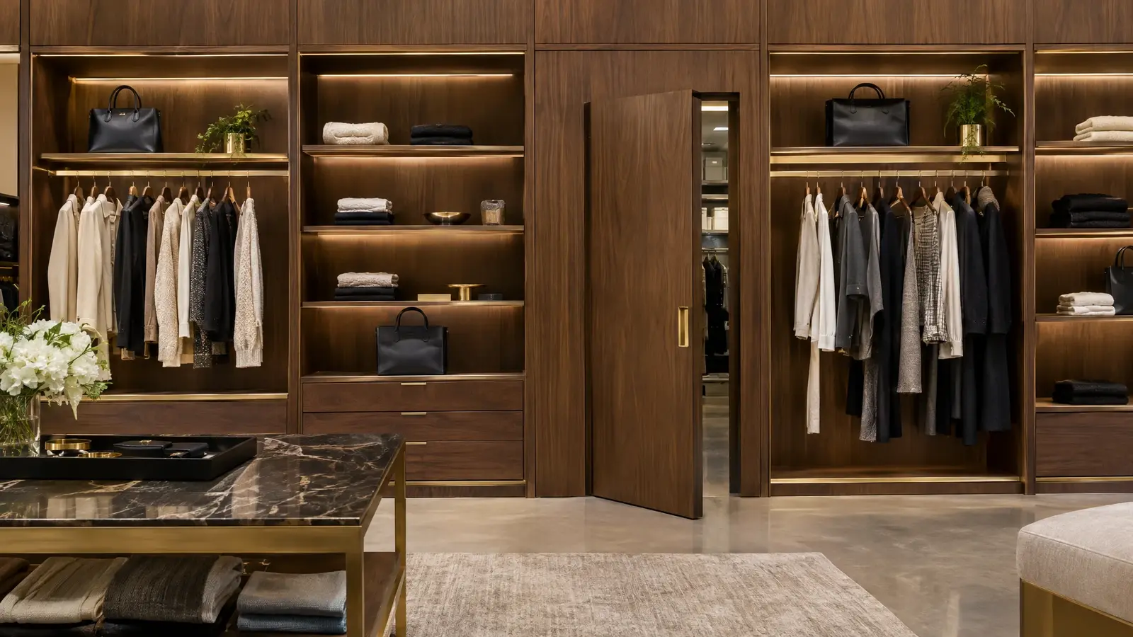 A walk-in closet with long hanging space and lit shelving A walk-in closet with long hanging space and lit shelving