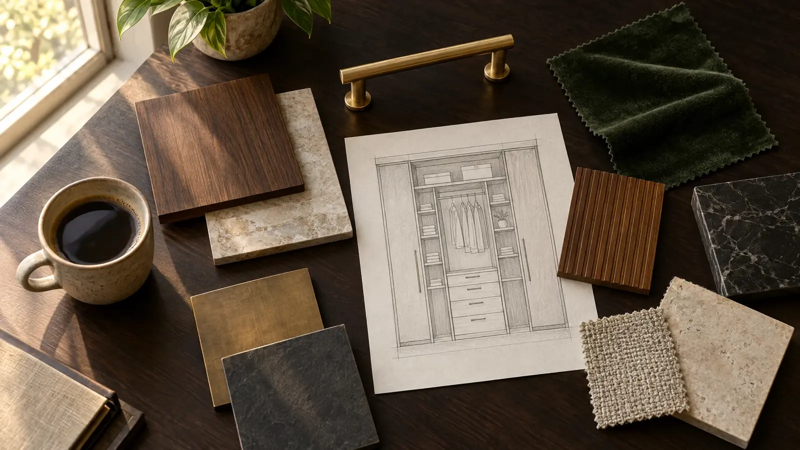 A closet sketch with material samples, brass pulls and a cup of coffee