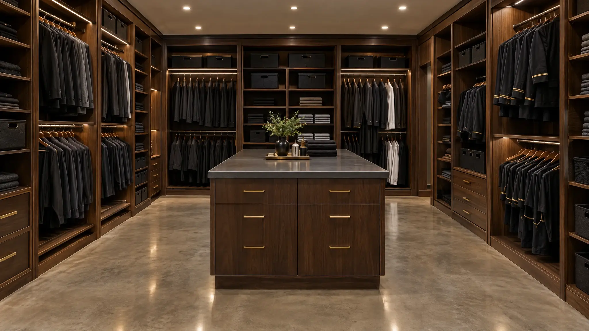 A high-end commercial wardrobe and display space with custom cabinetry and a center island