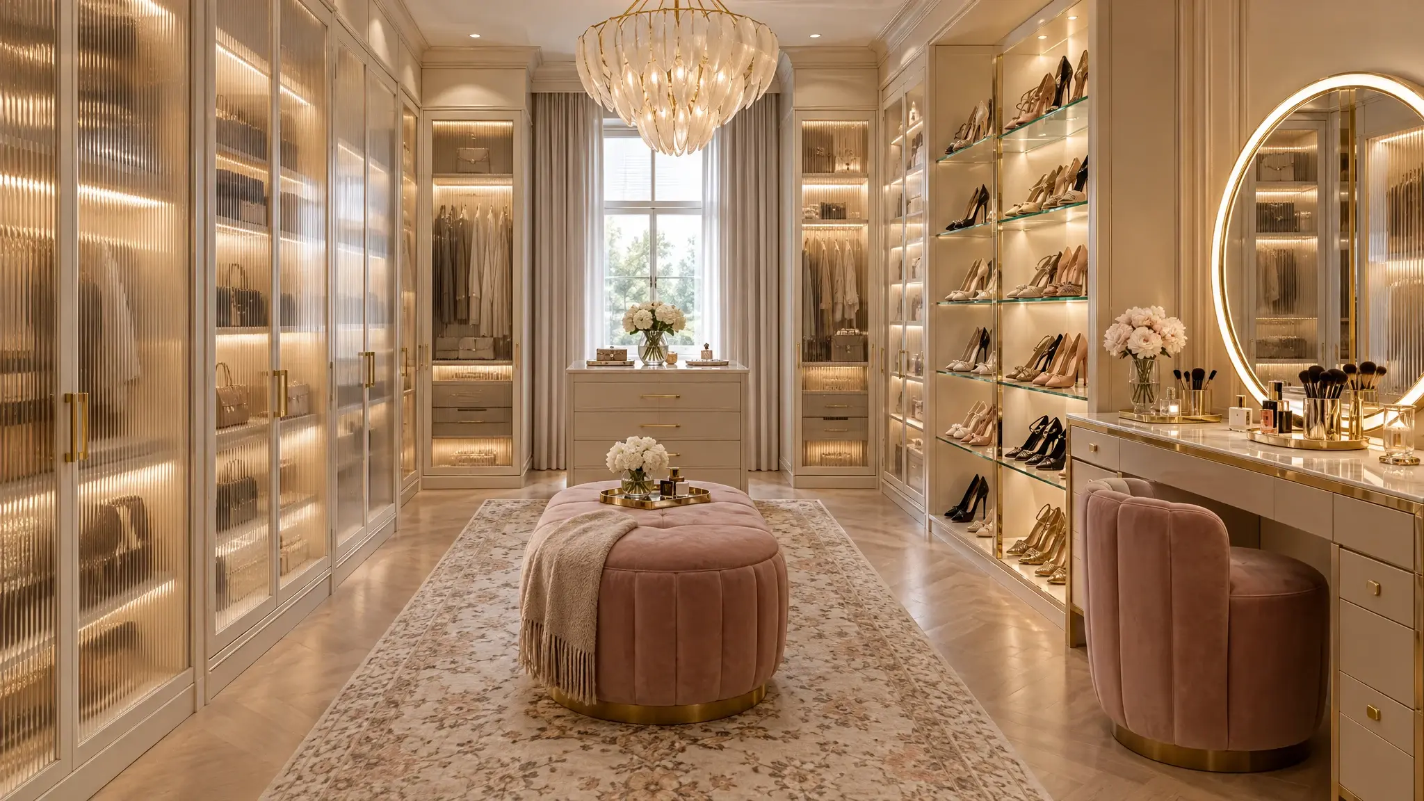 Free closet design consultation | Music City Closet A glass-front dressing room with warm lighting and a vanity