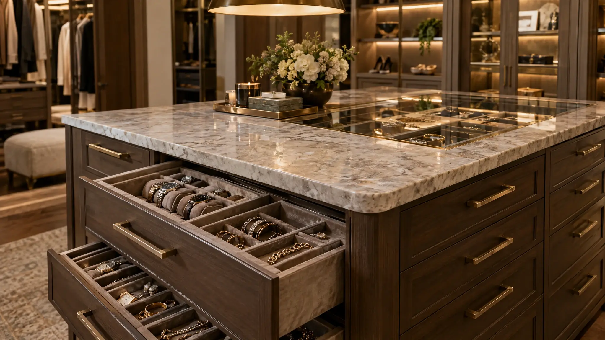A closet island with a marble top and open drawers showing velvet-lined trays