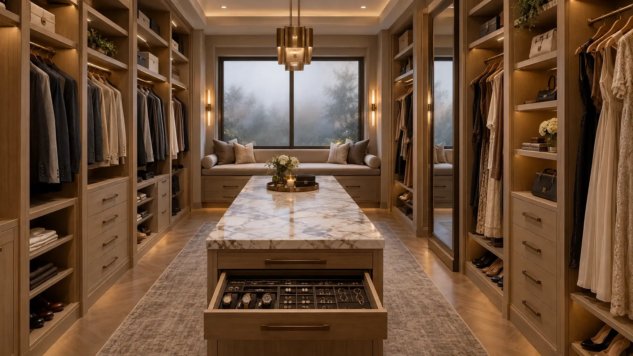A primary suite closet with an island, glass-front cabinets and a window