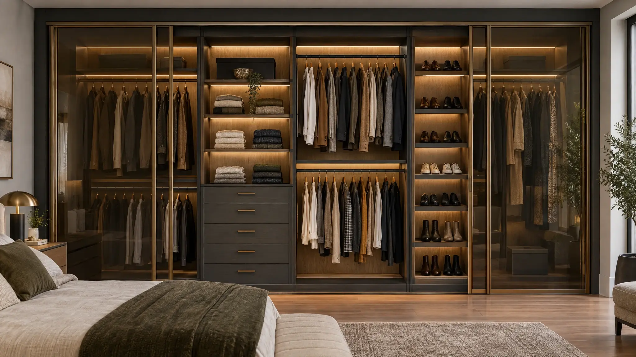 A custom reach-in closet with double-hang rods, drawers and lighting beside a bed