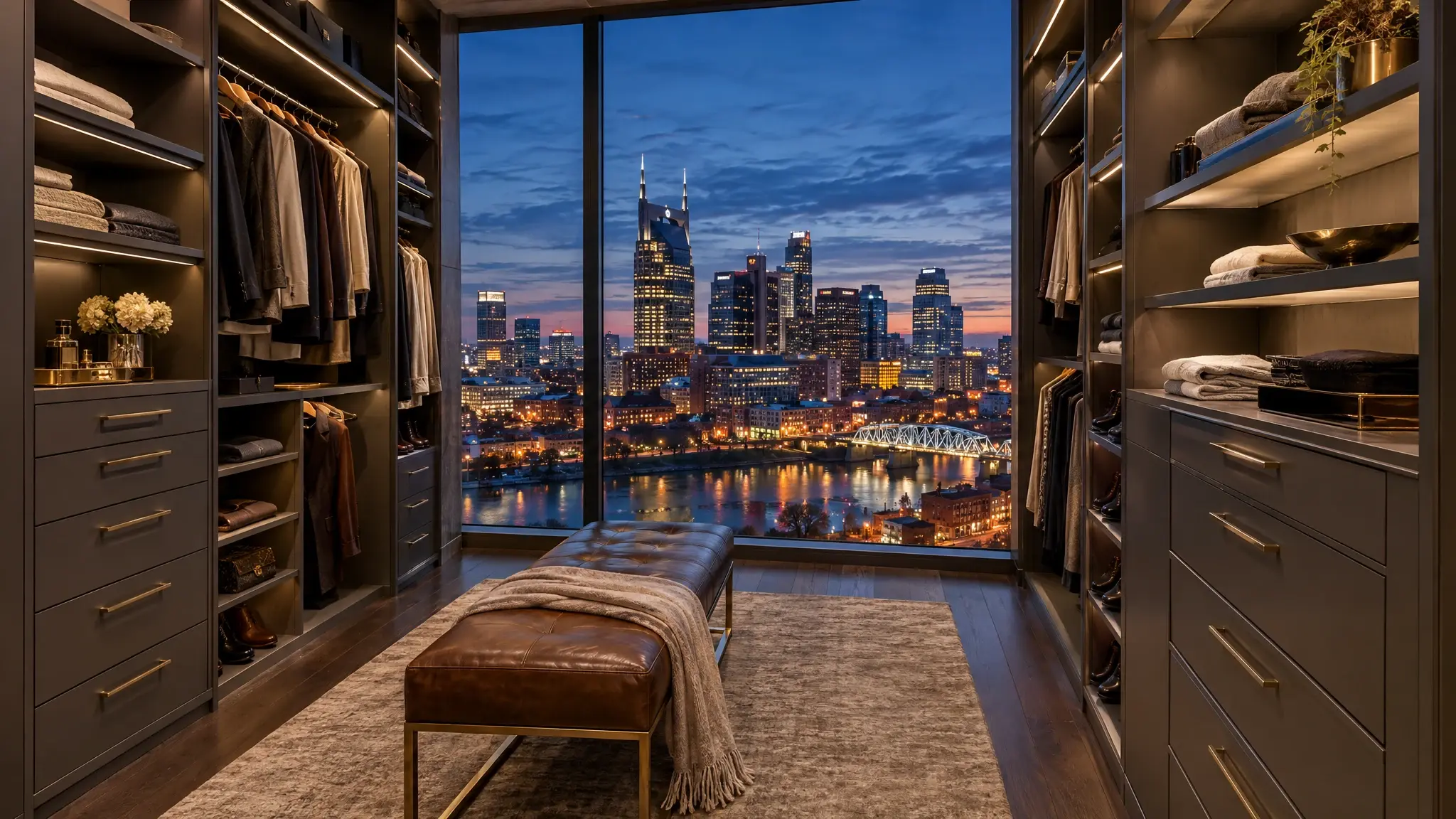 A custom closet with a view of the Nashville skyline at dusk