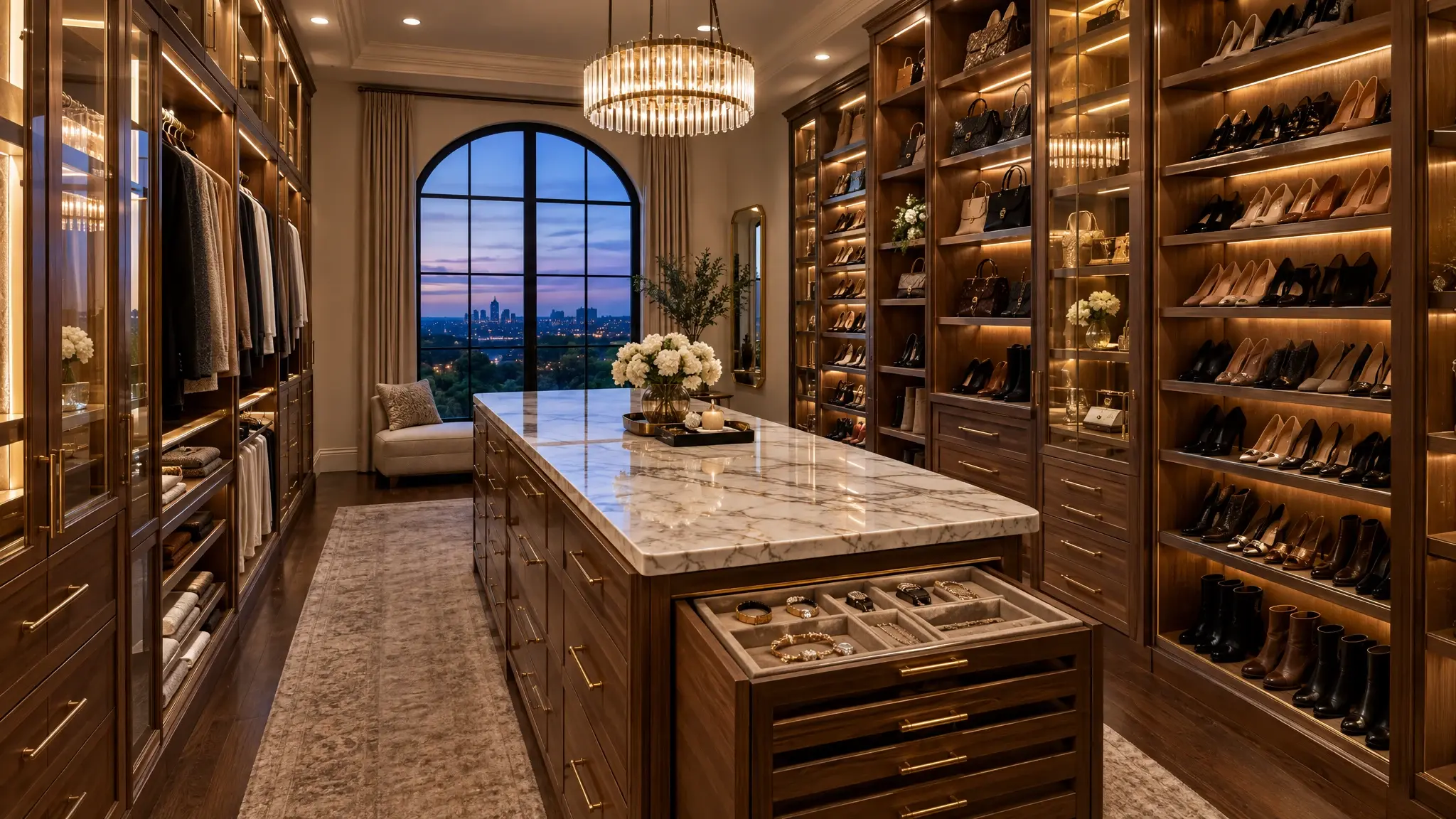 A luxury walk-in closet with walnut cabinetry, a marble-topped island and an arched window at golden hour