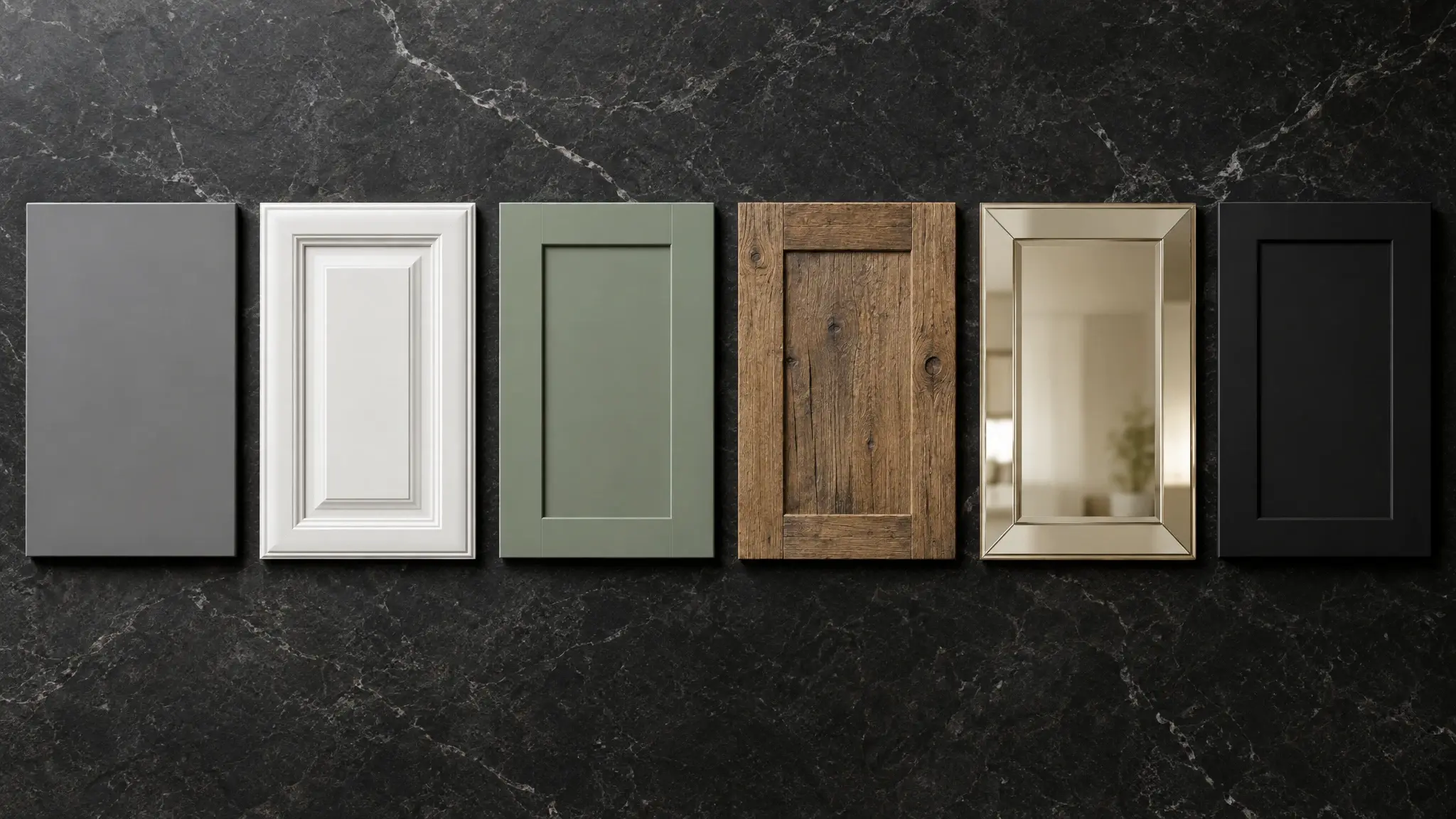 Door samples in gray, white, sage, walnut and black on a dark stone surface