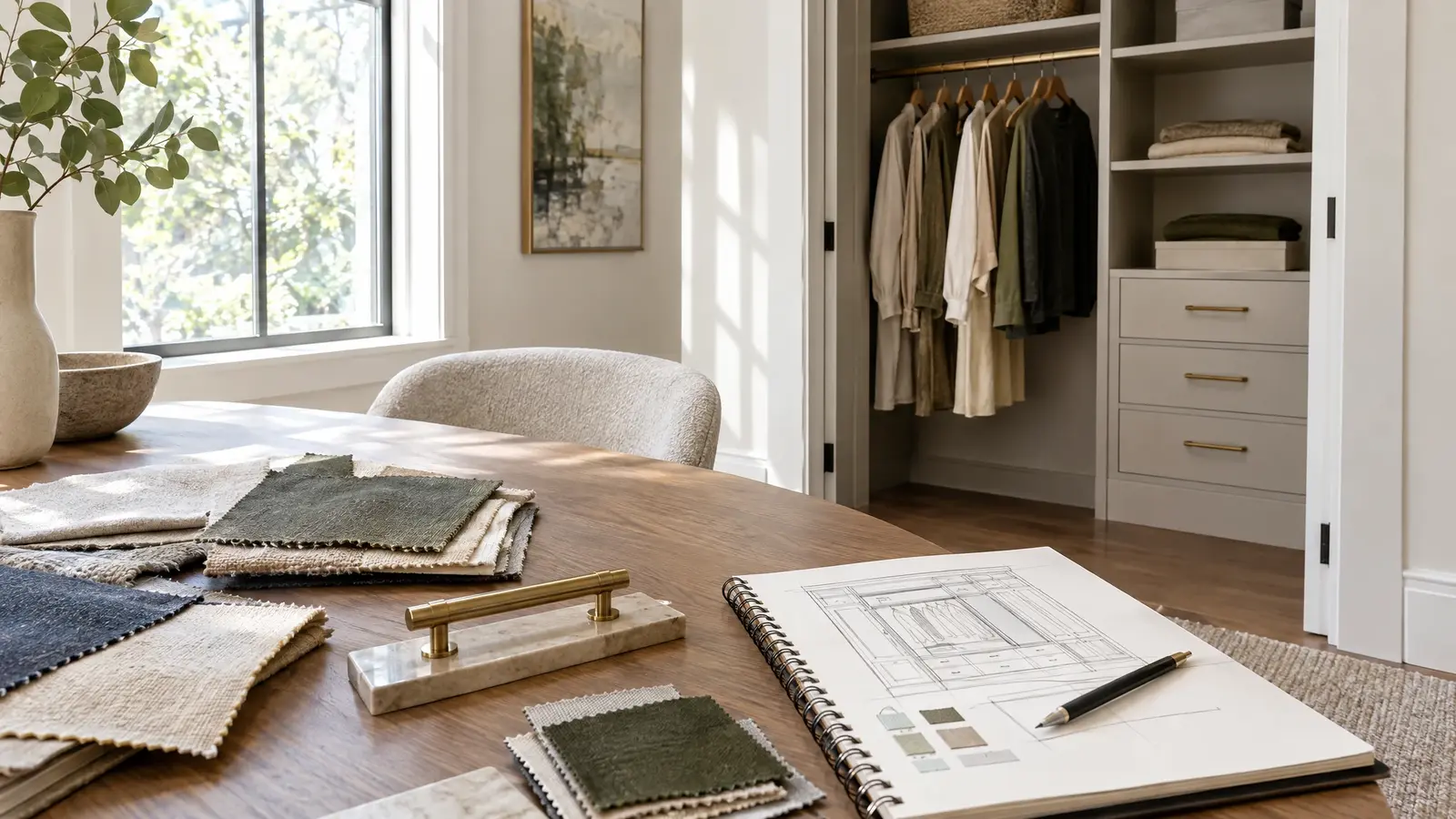 A designer and homeowner talking over closet ideas