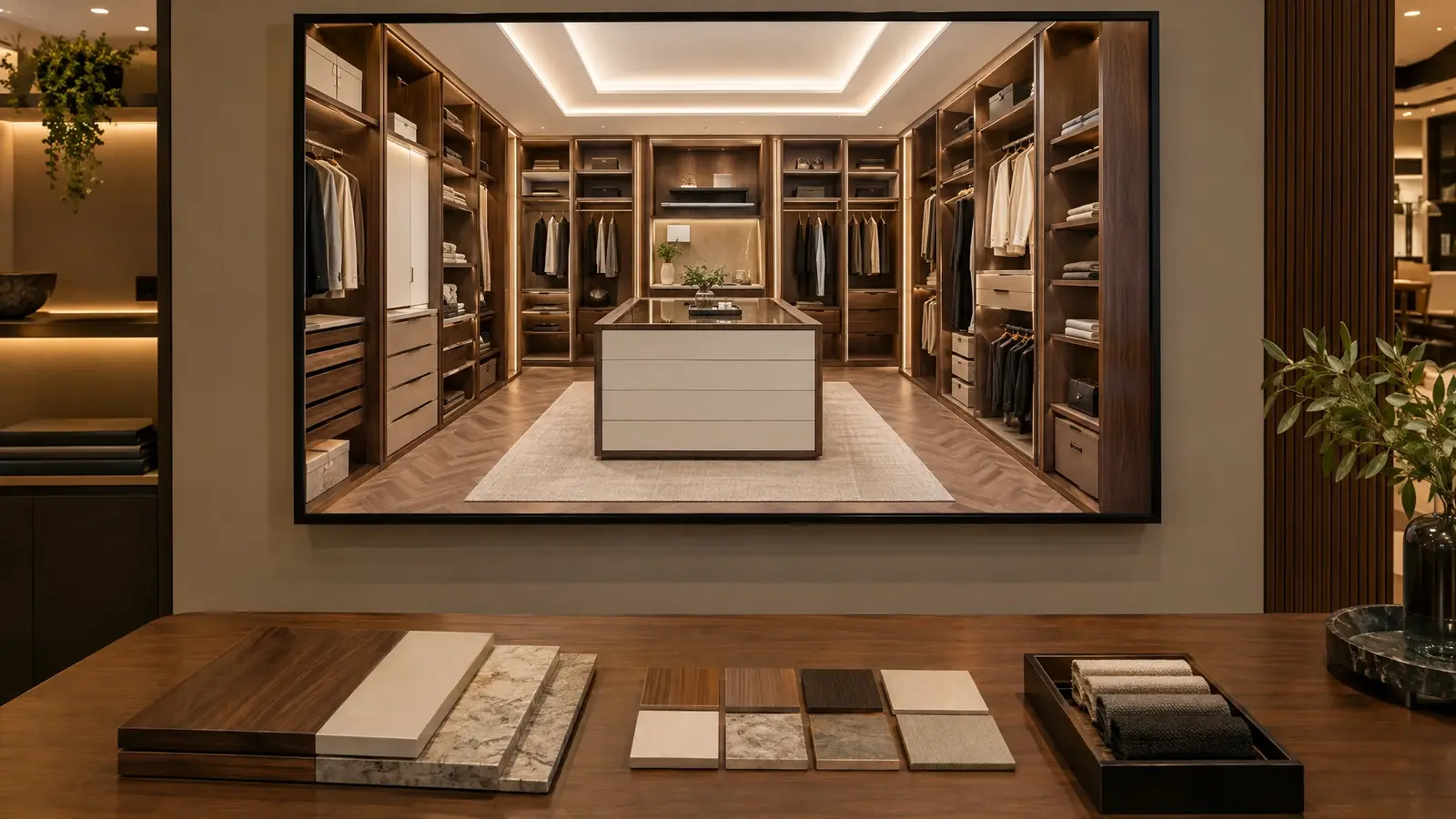 A designer reviewing a 3D closet plan with finish samples