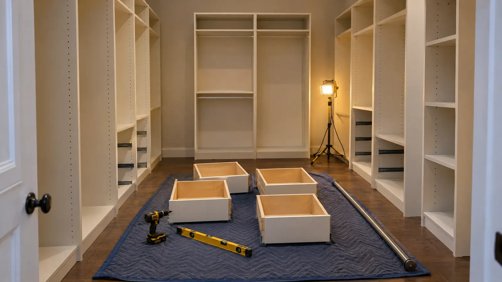 Installers setting cabinetry in a closet