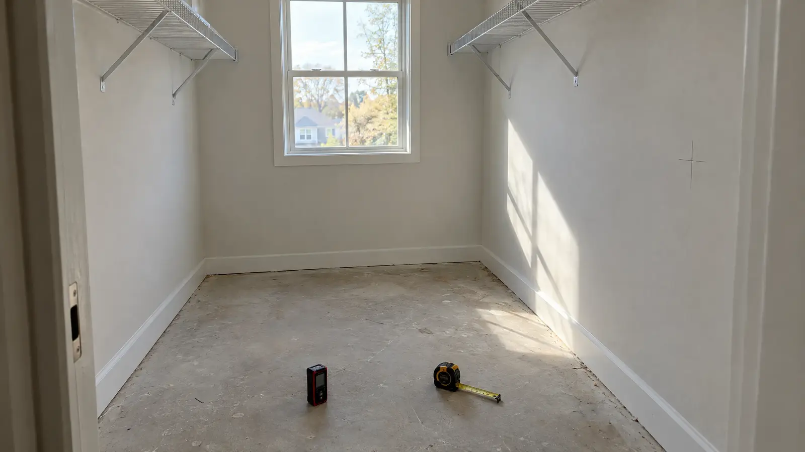 A tape measure being used on a closet wall